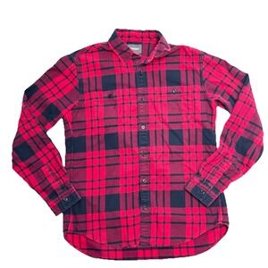 Bonobos Mens Slim Fit Large Long Red Black Plaid Flannel Button Down Shirt
